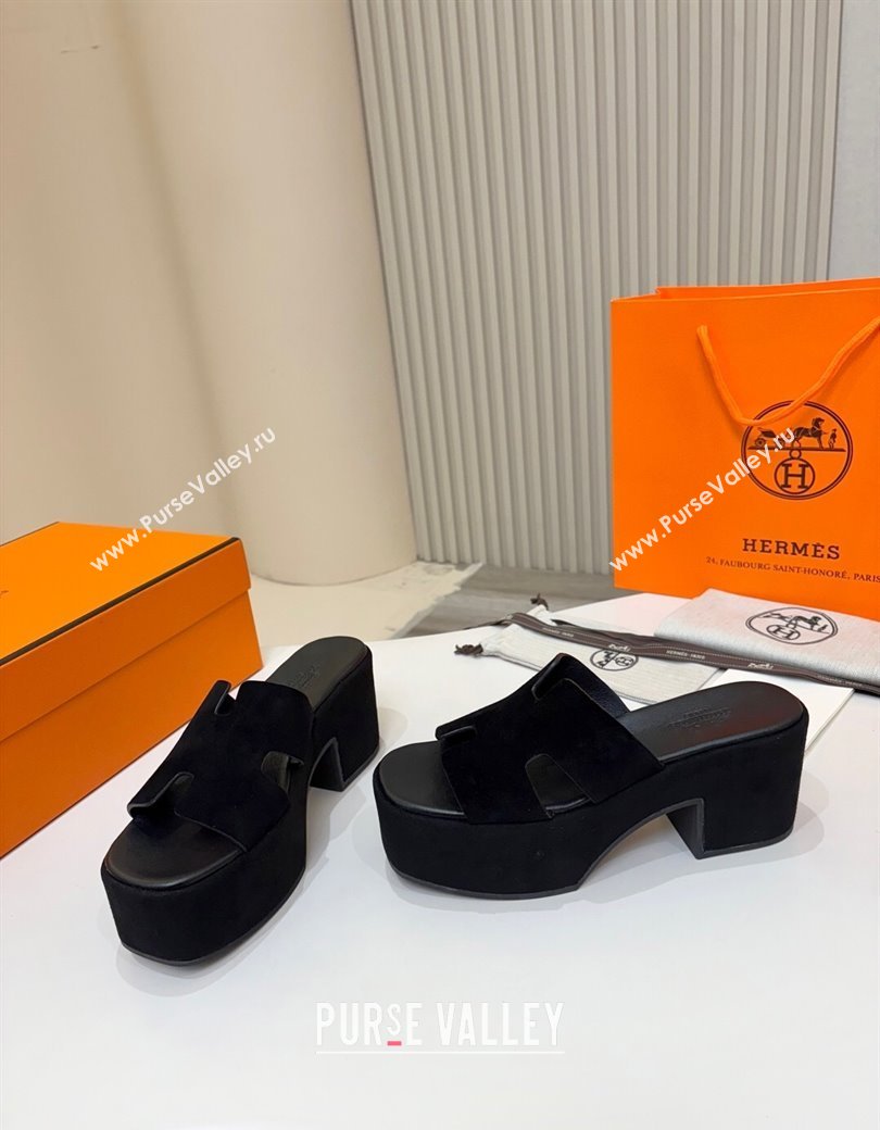 Hermes Suede Platform Slides Sandal 7.5cm Black 2025 H082003 (MD-250820019)