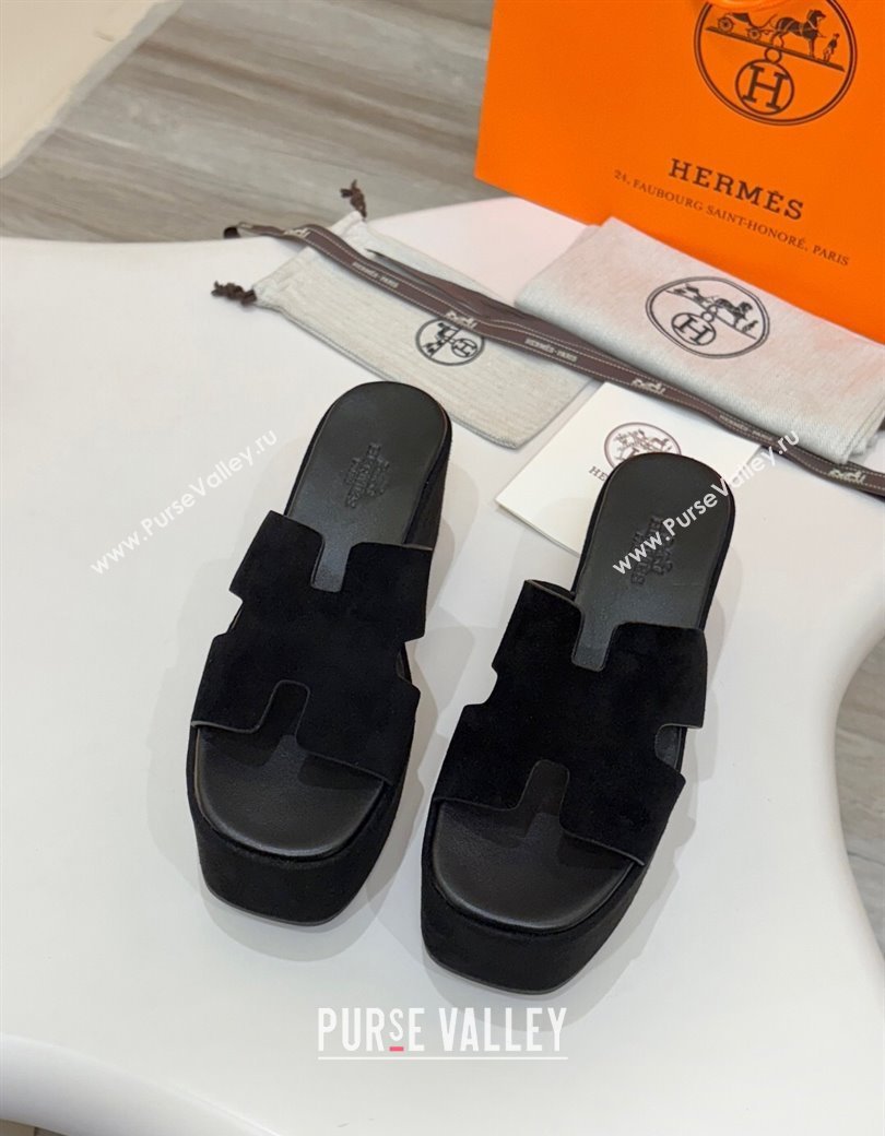 Hermes Suede Platform Slides Sandal 7.5cm Black 2025 H082003 (MD-250820019)