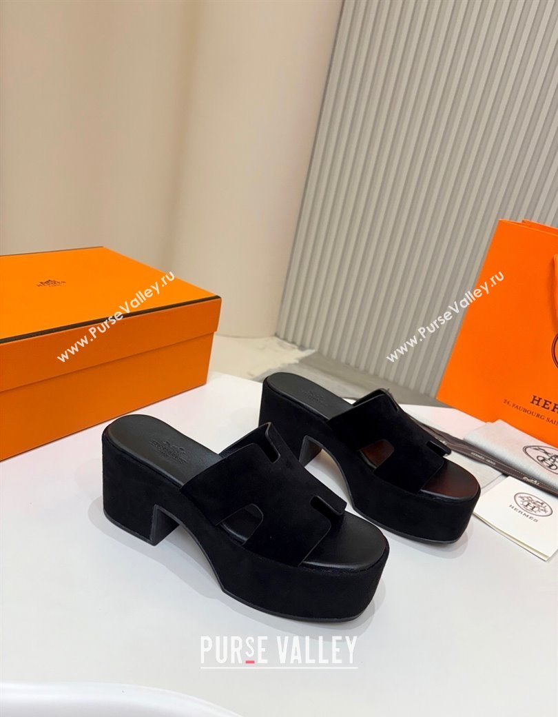Hermes Suede Platform Slides Sandal 7.5cm Black 2025 H082003 (MD-250820019)