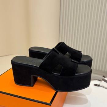 Hermes Suede Platform Slides Sandal 7.5cm Black 2025 H082003 (MD-250820019)