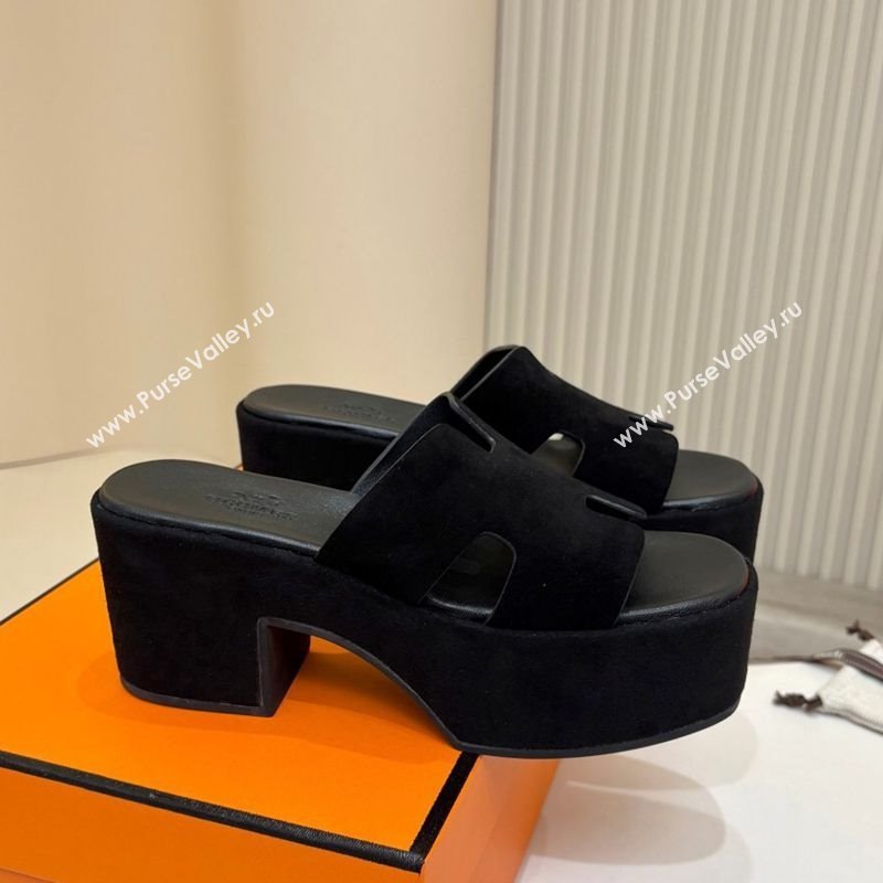 Hermes Suede Platform Slides Sandal 7.5cm Black 2025 H082003 (MD-250820019)