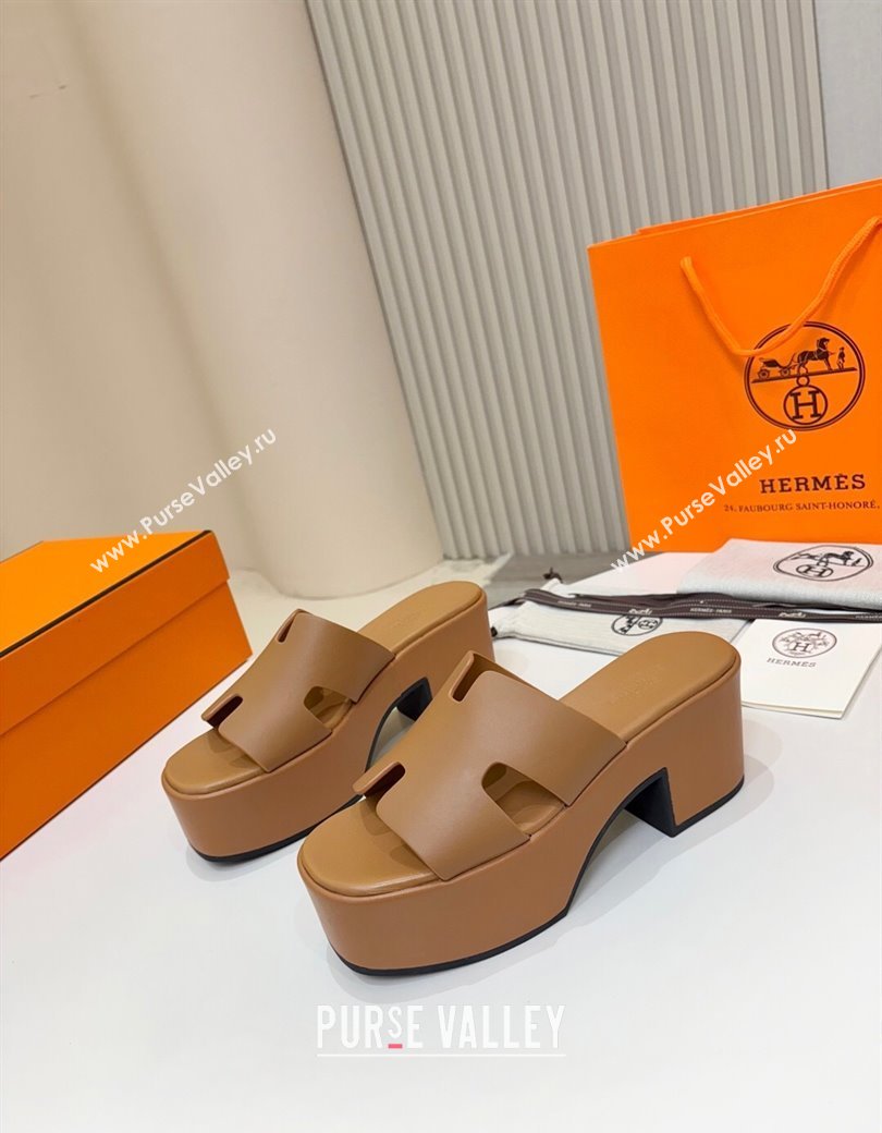 Hermes Calfskin Platform Slides Sandal 7.5cm Brown 2025 H082003 (MD-250820021)