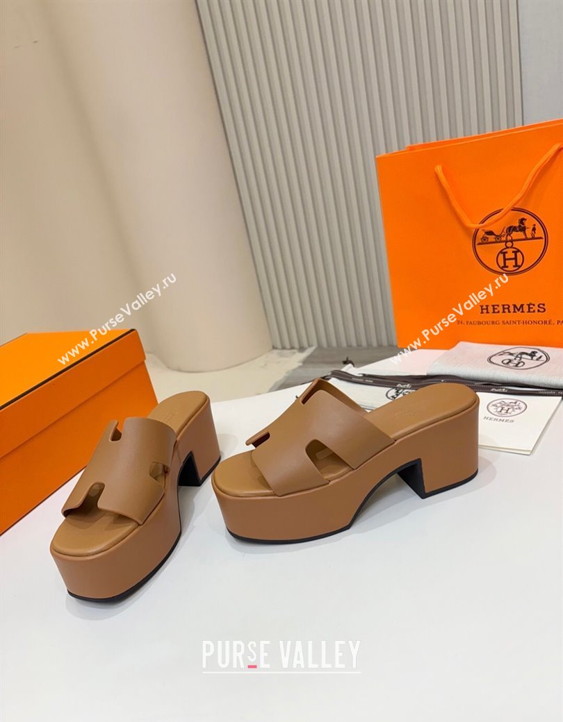 Hermes Calfskin Platform Slides Sandal 7.5cm Brown 2025 H082003 (MD-250820021)