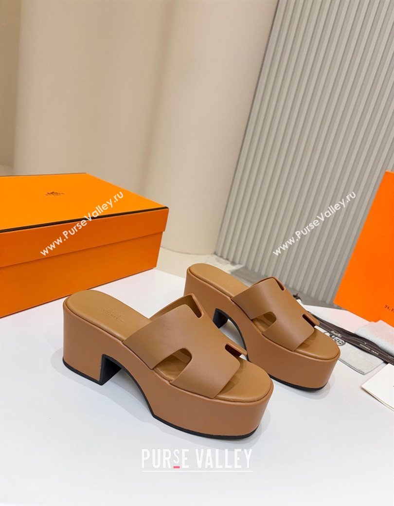 Hermes Calfskin Platform Slides Sandal 7.5cm Brown 2025 H082003 (MD-250820021)