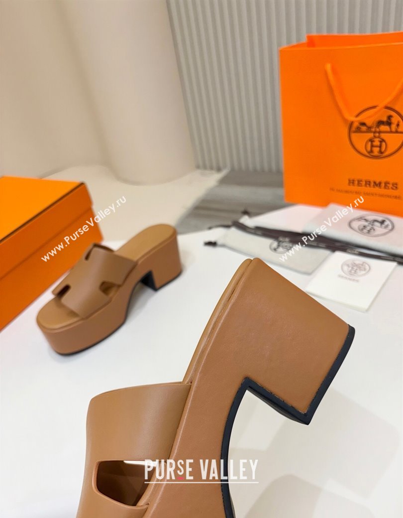Hermes Calfskin Platform Slides Sandal 7.5cm Brown 2025 H082003 (MD-250820021)