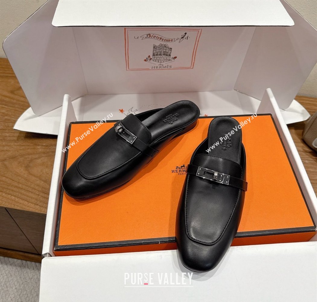 Hermes Oz Flat Mules in Calfskin Leather with Kelly Black 2025 H082004 (XC-250820024)