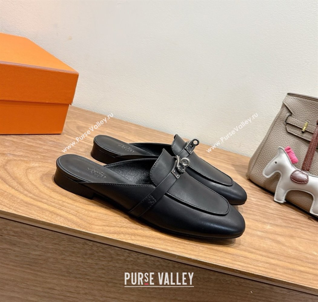 Hermes Oz Flat Mules in Calfskin Leather with Kelly Black 2025 H082004 (XC-250820024)