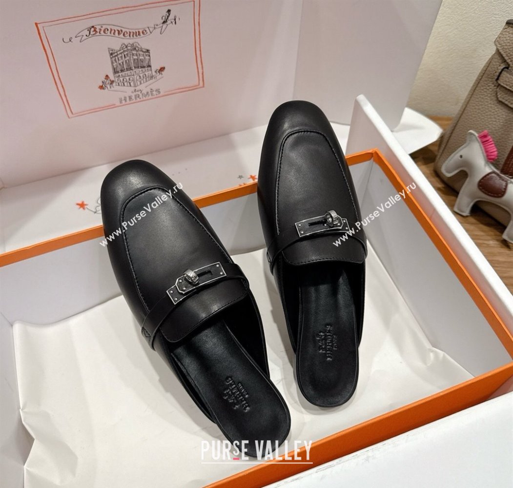 Hermes Oz Flat Mules in Calfskin Leather with Kelly Black 2025 H082004 (XC-250820024)