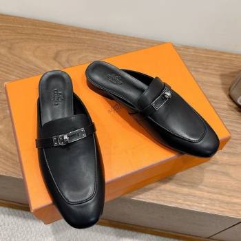 Hermes Oz Flat Mules in Calfskin Leather with Kelly Black 2025 H082004 (XC-250820024)