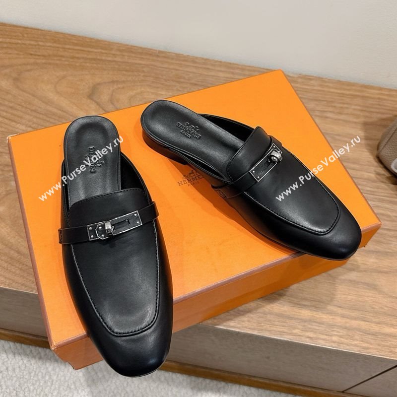 Hermes Oz Flat Mules in Calfskin Leather with Kelly Black 2025 H082004 (XC-250820024)