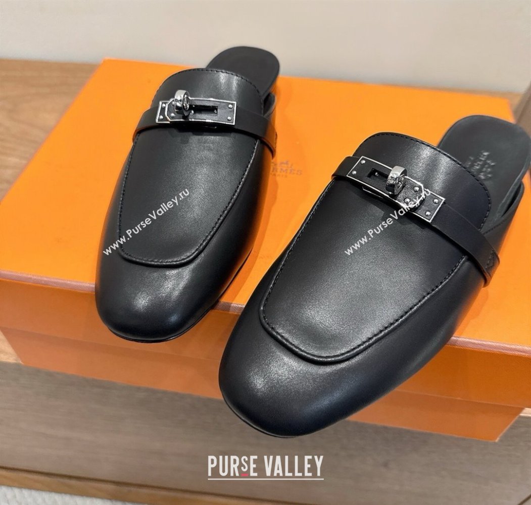 Hermes Oz Flat Mules in Calfskin Leather with Kelly Black 2025 H082004 (XC-250820024)