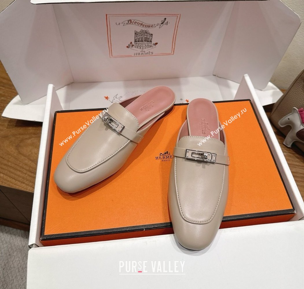 Hermes Oz Flat Mules in Calfskin Leather with Kelly Grey 2025 H082004 (XC-250820026)