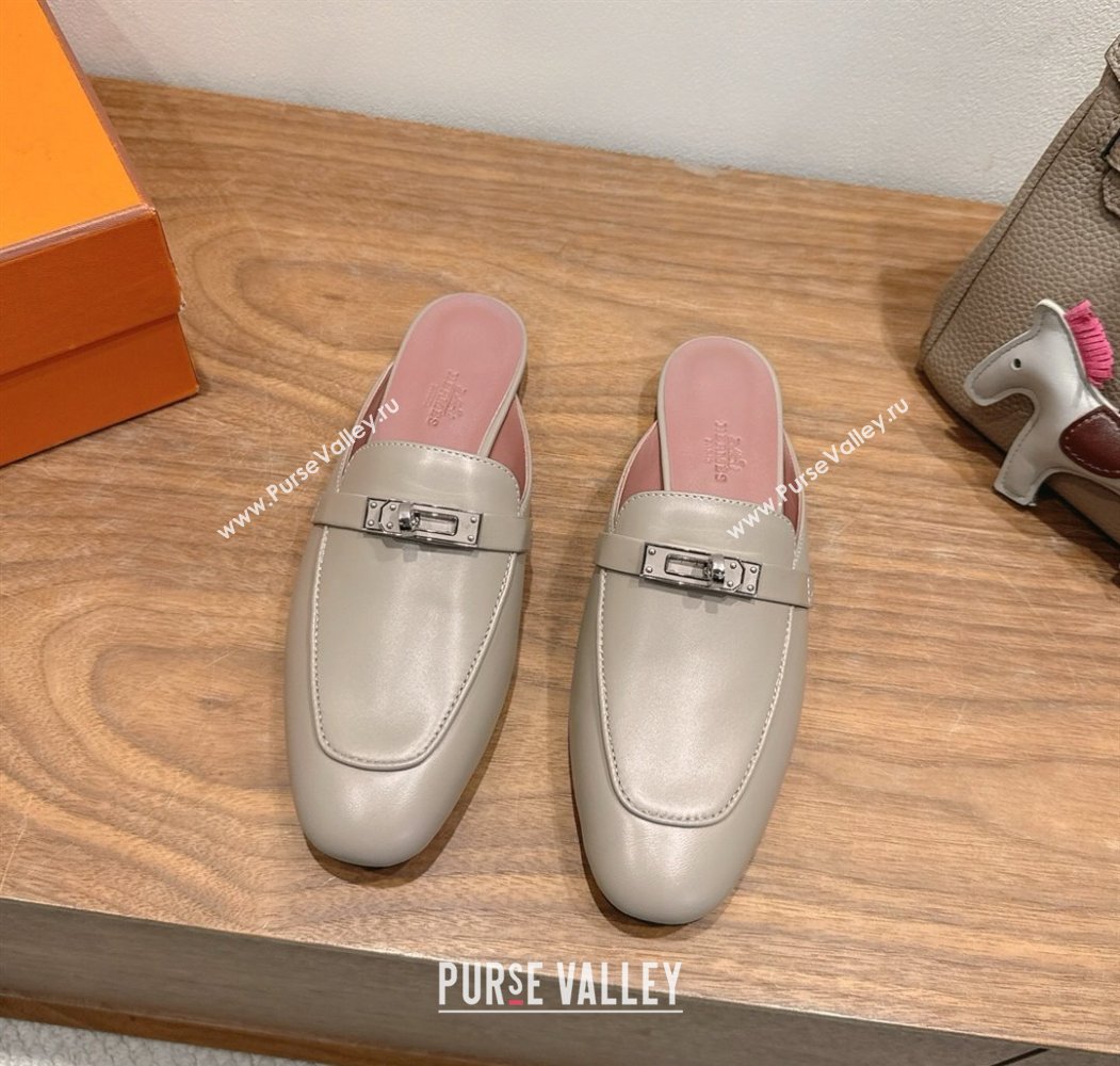 Hermes Oz Flat Mules in Calfskin Leather with Kelly Grey 2025 H082004 (XC-250820026)