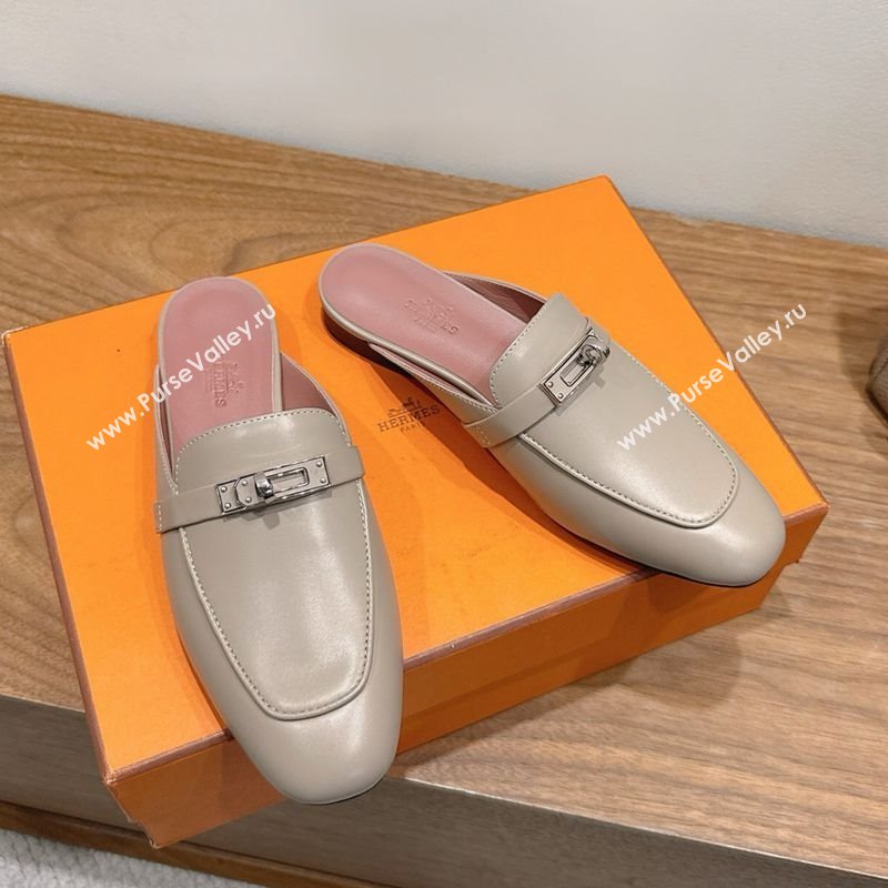 Hermes Oz Flat Mules in Calfskin Leather with Kelly Grey 2025 H082004 (XC-250820026)