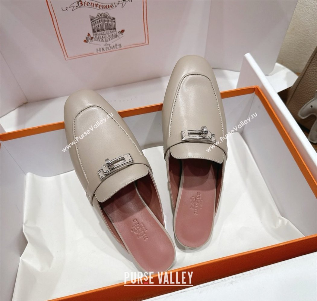 Hermes Oz Flat Mules in Calfskin Leather with Kelly Grey 2025 H082004 (XC-250820026)