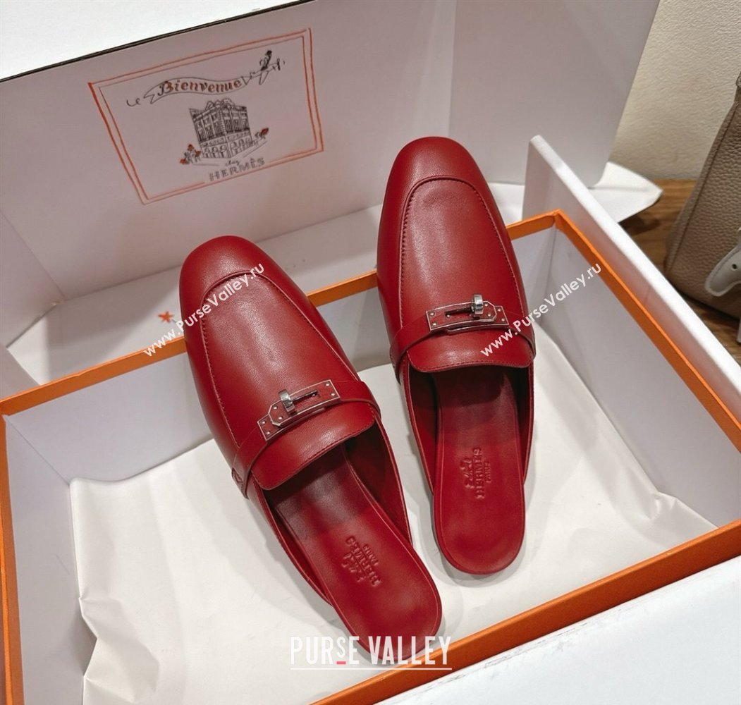 Hermes Oz Flat Mules in Calfskin Leather with Kelly Red 2025 H082004 (XC-250820028)
