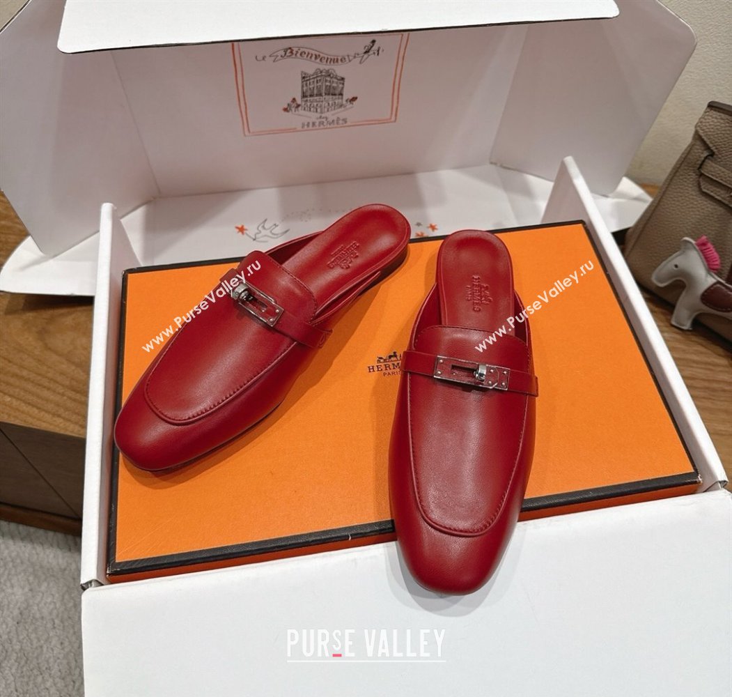Hermes Oz Flat Mules in Calfskin Leather with Kelly Red 2025 H082004 (XC-250820028)