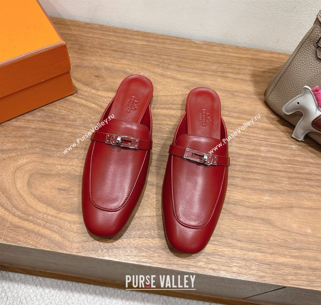 Hermes Oz Flat Mules in Calfskin Leather with Kelly Red 2025 H082004 (XC-250820028)