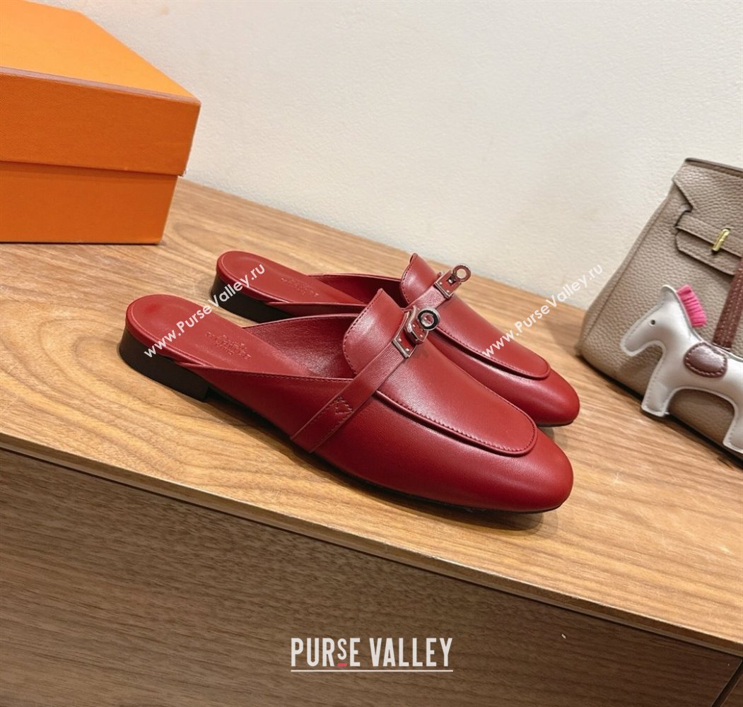 Hermes Oz Flat Mules in Calfskin Leather with Kelly Red 2025 H082004 (XC-250820028)