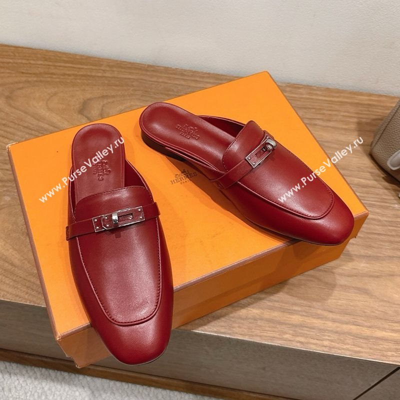 Hermes Oz Flat Mules in Calfskin Leather with Kelly Red 2025 H082004 (XC-250820028)