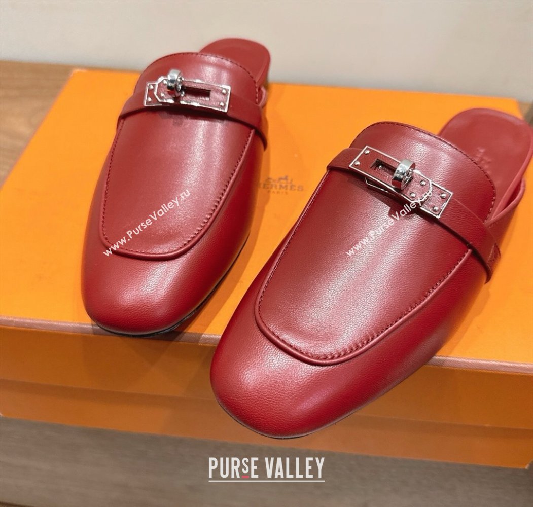 Hermes Oz Flat Mules in Calfskin Leather with Kelly Red 2025 H082004 (XC-250820028)