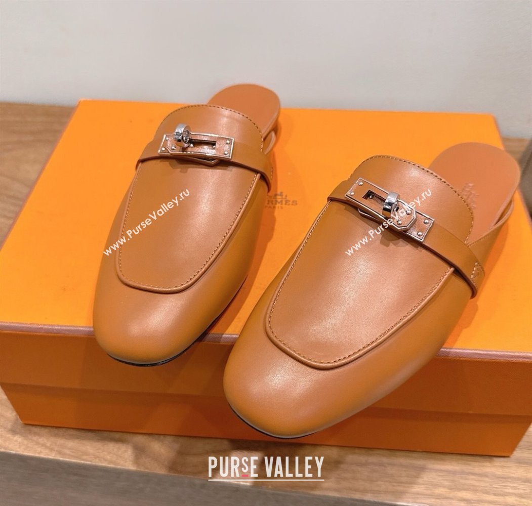 Hermes Oz Flat Mules in Calfskin Leather with Kelly Brown 2025 H082004 (XC-250820029)
