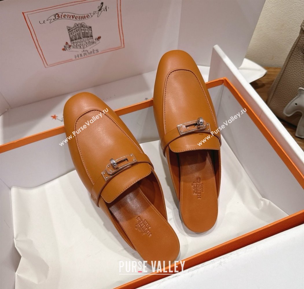 Hermes Oz Flat Mules in Calfskin Leather with Kelly Brown 2025 H082004 (XC-250820029)