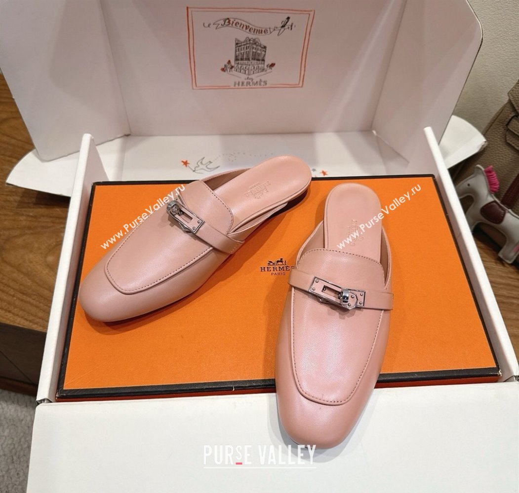 Hermes Oz Flat Mules in Calfskin Leather with Kelly Light Pink 2025 H082004 (XC-250820030)