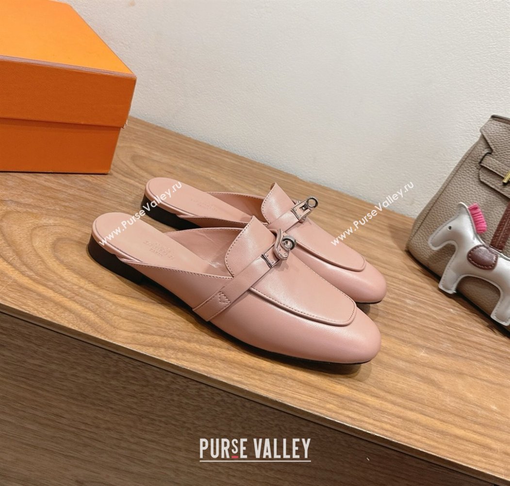 Hermes Oz Flat Mules in Calfskin Leather with Kelly Light Pink 2025 H082004 (XC-250820030)