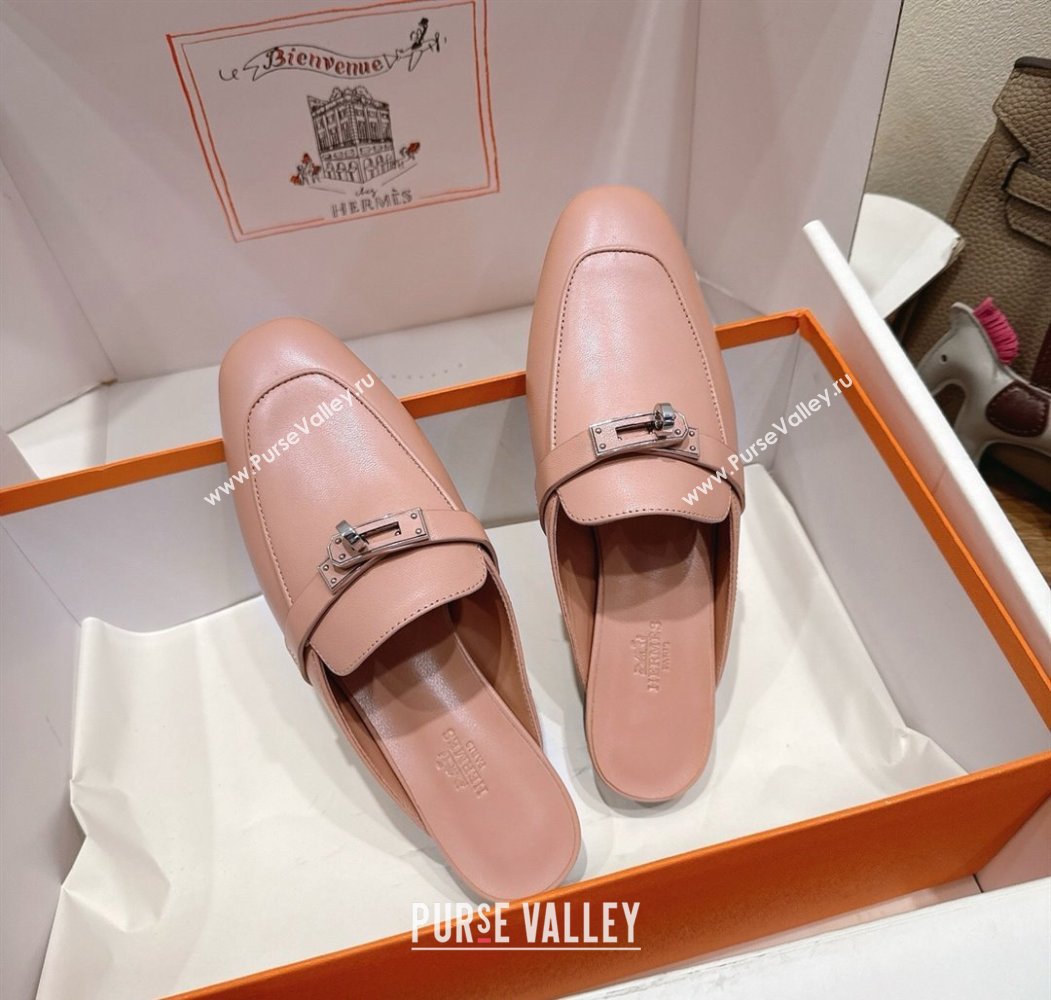 Hermes Oz Flat Mules in Calfskin Leather with Kelly Light Pink 2025 H082004 (XC-250820030)