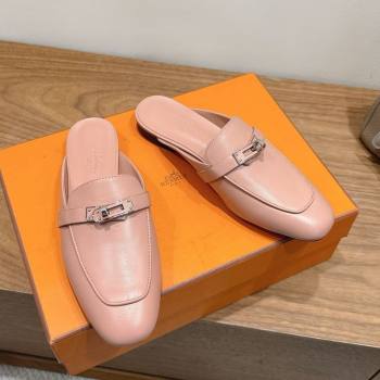 Hermes Oz Flat Mules in Calfskin Leather with Kelly Light Pink 2025 H082004 (XC-250820030)