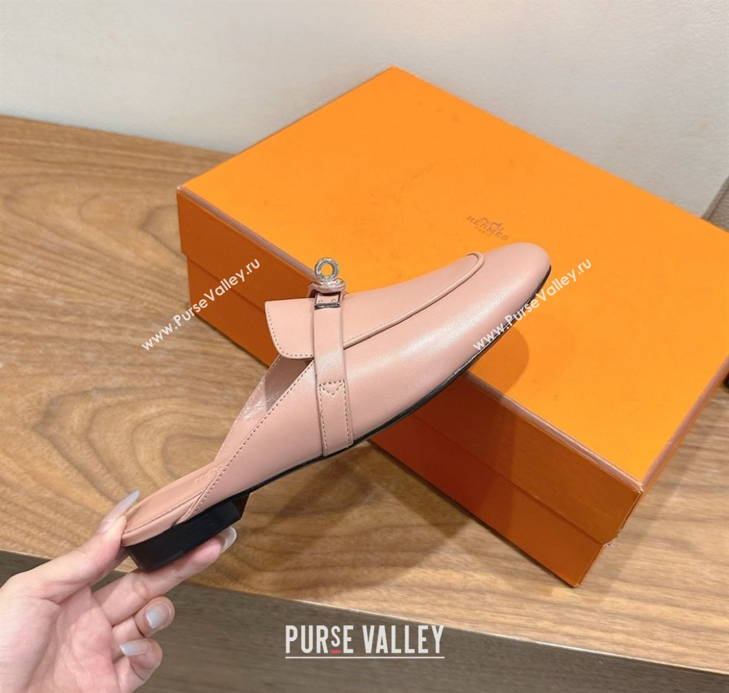 Hermes Oz Flat Mules in Calfskin Leather with Kelly Light Pink 2025 H082004 (XC-250820030)