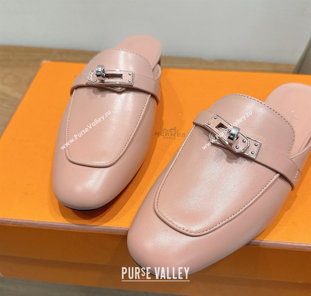 Hermes Oz Flat Mules in Calfskin Leather with Kelly Light Pink 2025 H082004 (XC-250820030)
