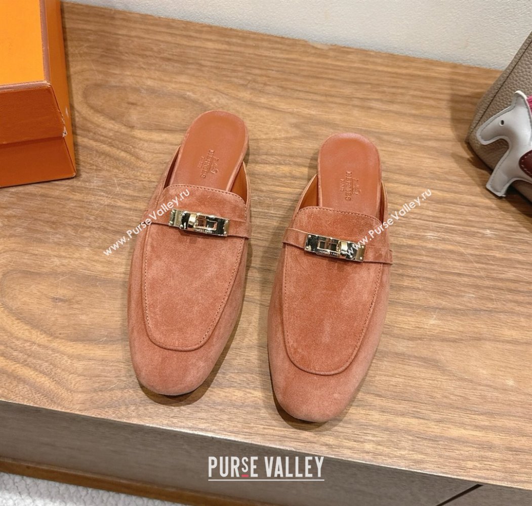 Hermes Oz Flat Mules in Suede with Kelly Brown 2025 H082004 (XC-250820031)