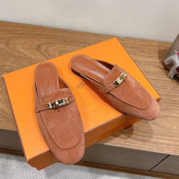 Hermes Oz Flat Mules in Suede with Kelly Brown 2025 H082004 (XC-250820031)