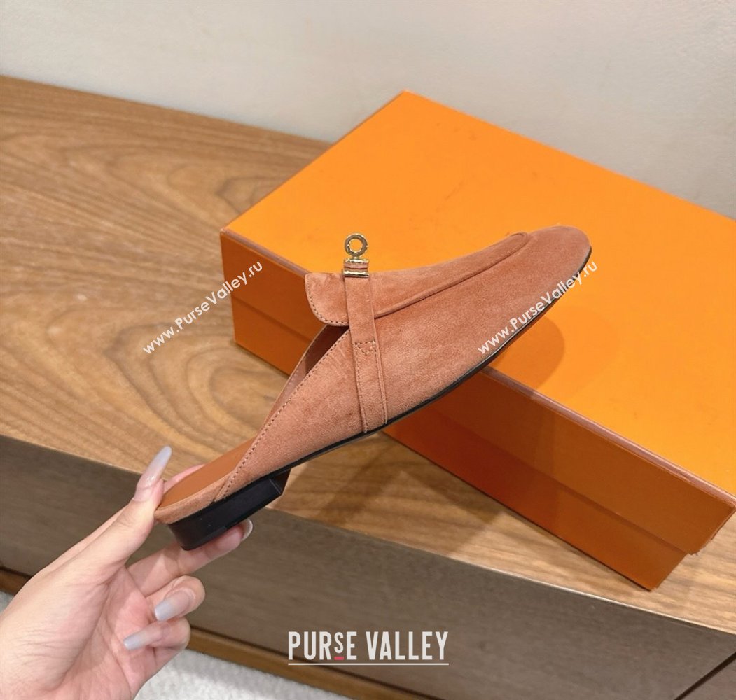 Hermes Oz Flat Mules in Suede with Kelly Brown 2025 H082004 (XC-250820031)