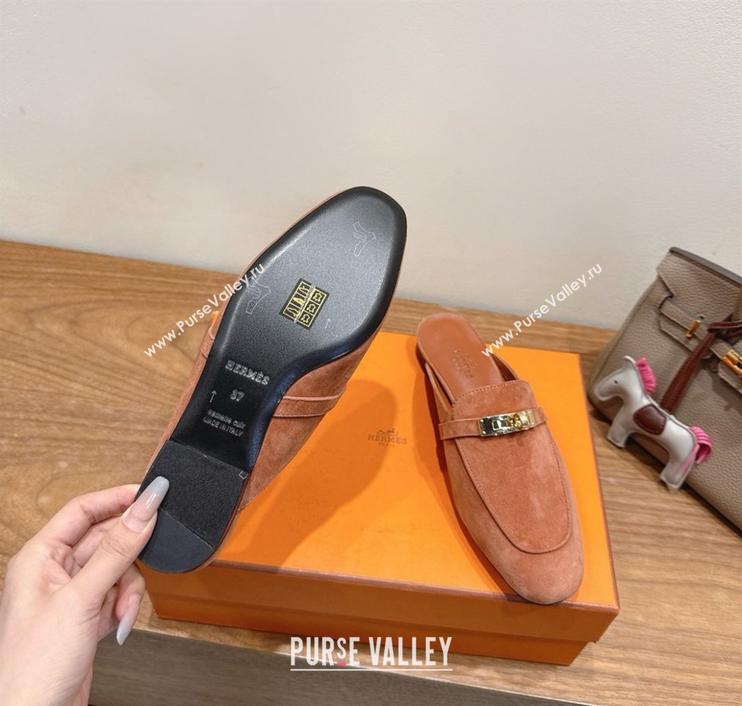 Hermes Oz Flat Mules in Suede with Kelly Brown 2025 H082004 (XC-250820031)