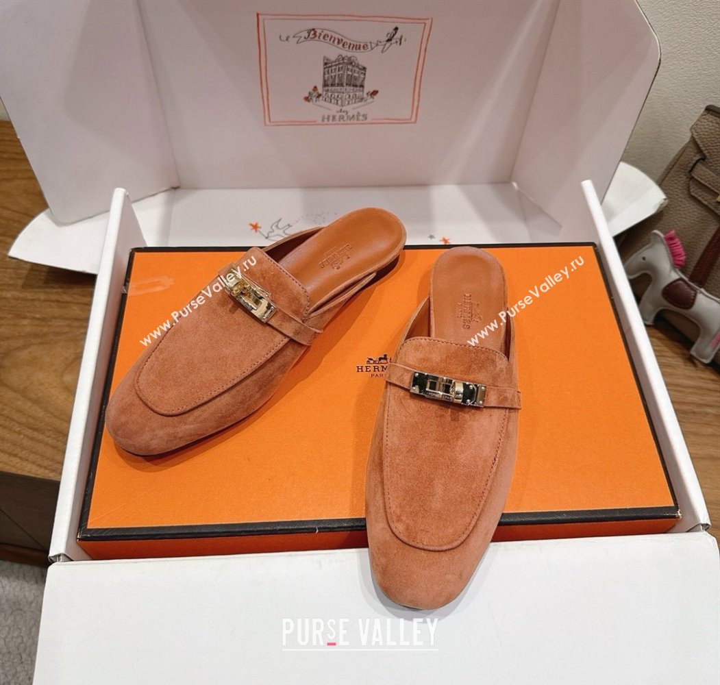 Hermes Oz Flat Mules in Suede with Kelly Brown 2025 H082004 (XC-250820031)