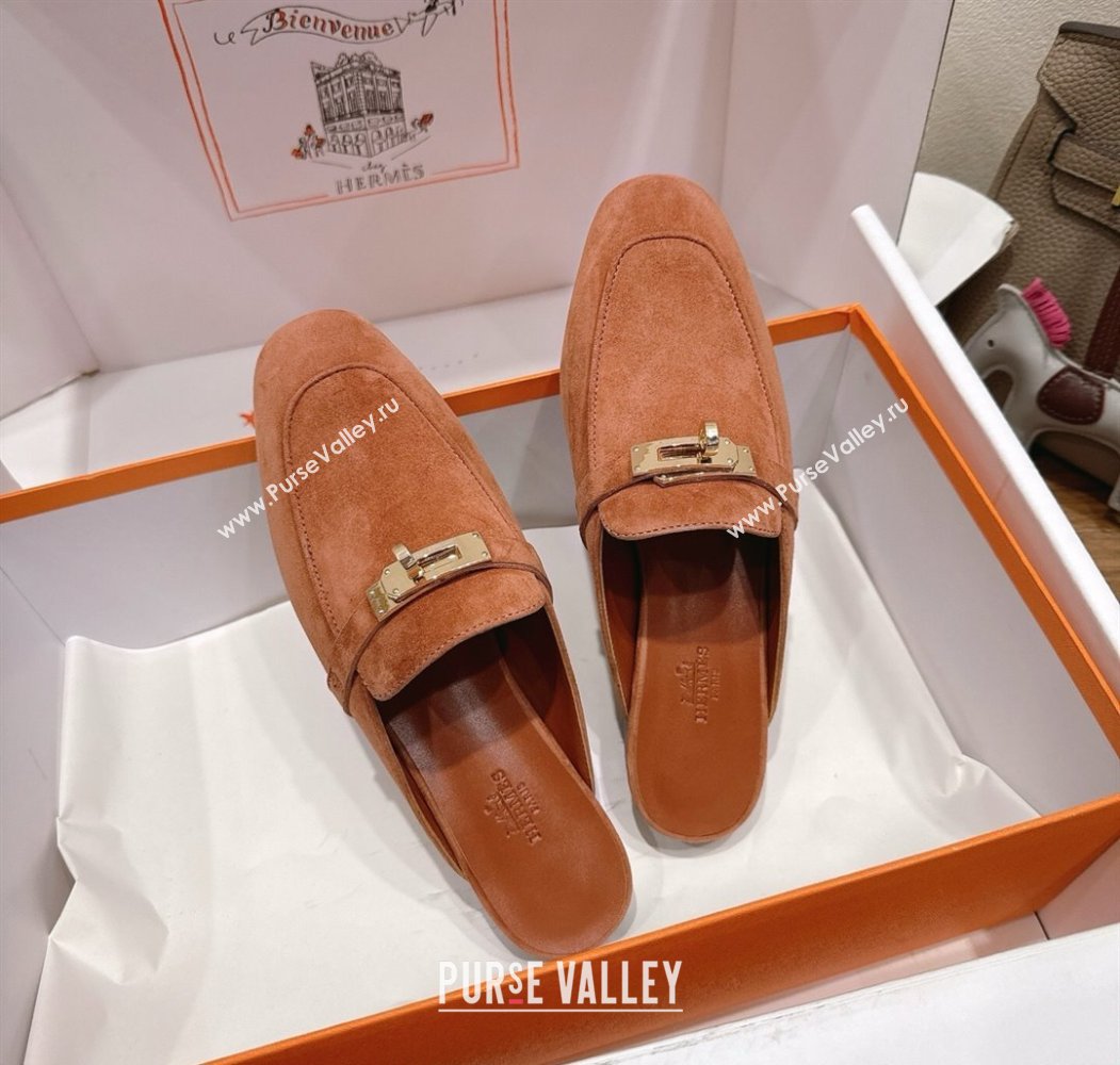 Hermes Oz Flat Mules in Suede with Kelly Brown 2025 H082004 (XC-250820031)