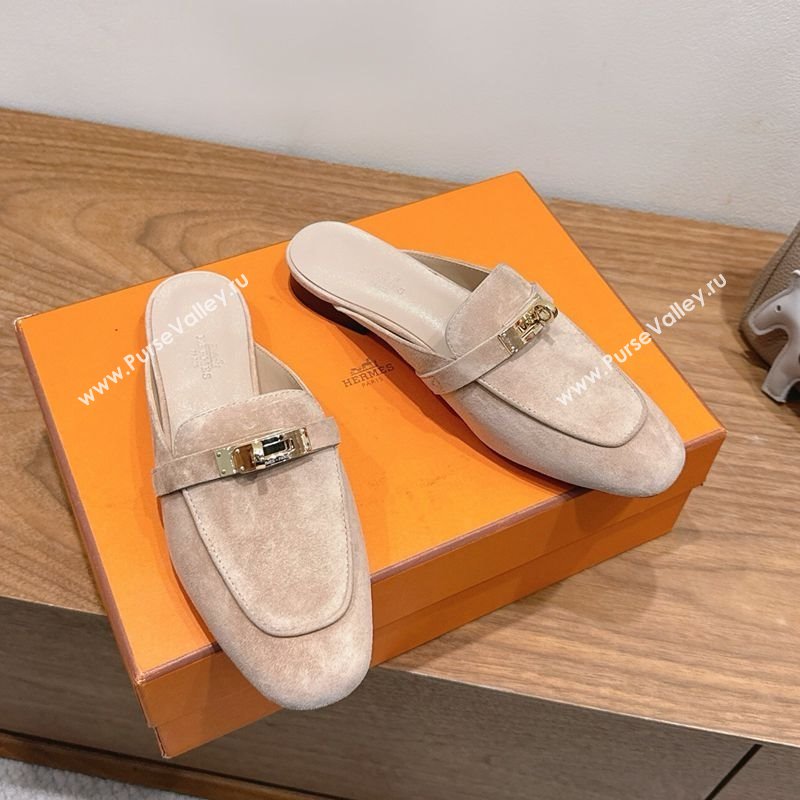 Hermes Oz Flat Mules in Suede with Kelly Beige 2025 H082004 (XC-250820032)