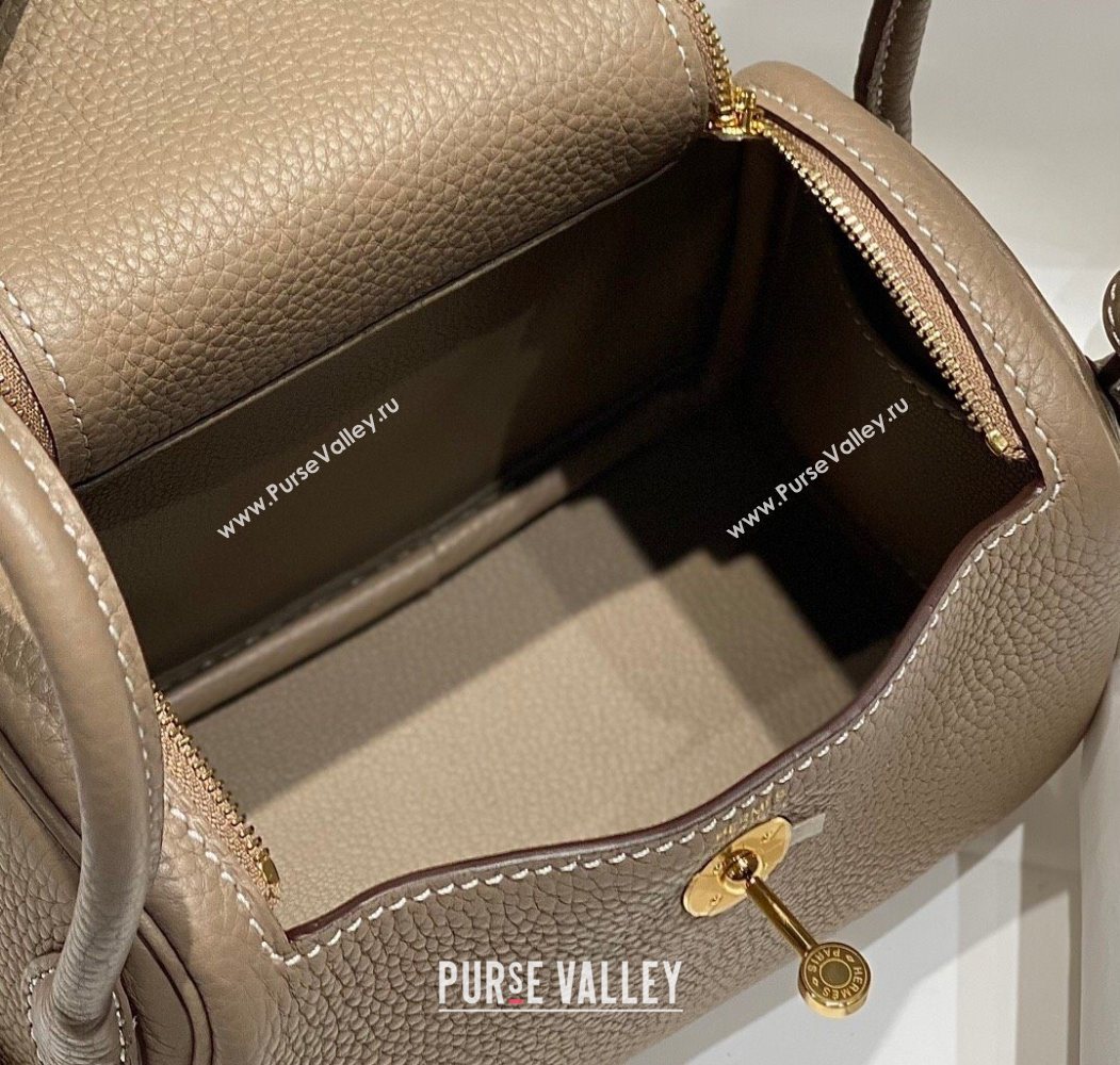 Hermes Lindy Mini Bag 19cm in Litchee-Grainy Togo Calfskin Leather Dove Grey/Gold 2025 (FL-251008026)