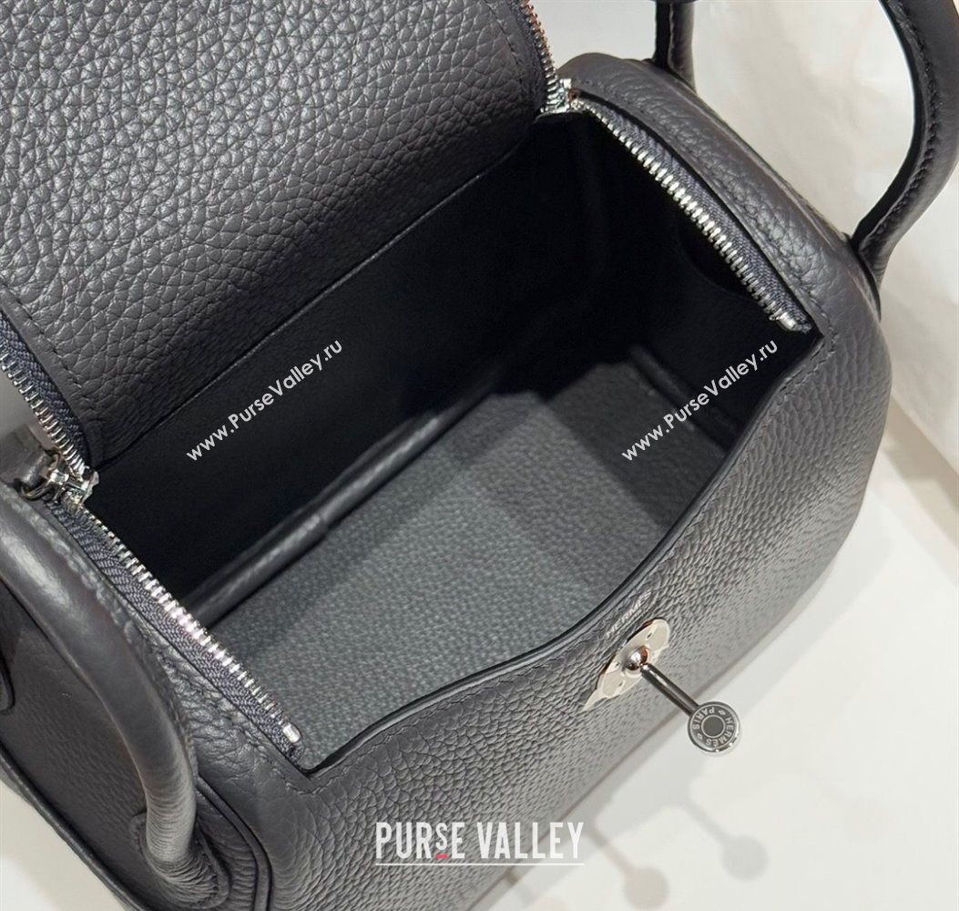 Hermes Lindy Mini Bag 19cm in Litchee-Grainy Clemence Calfskin Leather Graphite Grey/Silver 2025 (FL-251008019)