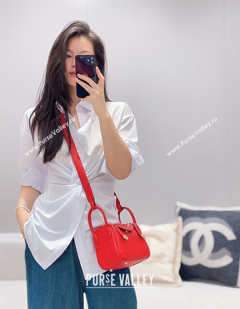 Hermes Lindy Mini Bag 19cm in Litchee-Grainy Togo Calfskin Leather Rouge Red 2025 (FL-251008032)