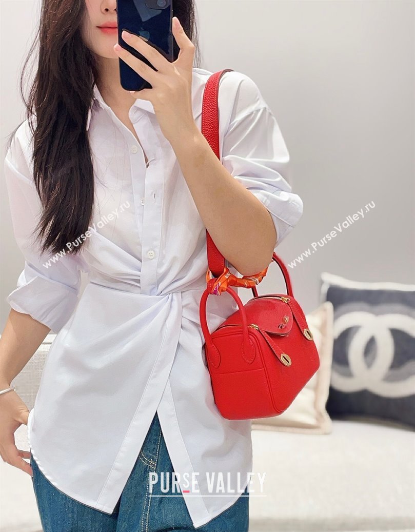 Hermes Lindy Mini Bag 19cm in Litchee-Grainy Togo Calfskin Leather Rouge Red 2025 (FL-251008032)