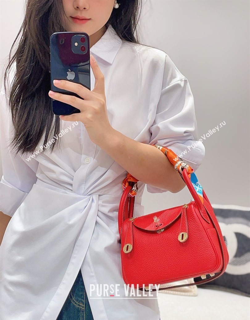 Hermes Lindy Mini Bag 19cm in Litchee-Grainy Togo Calfskin Leather Rouge Red 2025 (FL-251008032)