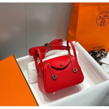 Hermes Lindy Mini Bag 19cm in Litchee-Grainy Togo Calfskin Leather Rouge Red 2025 (FL-251008032)