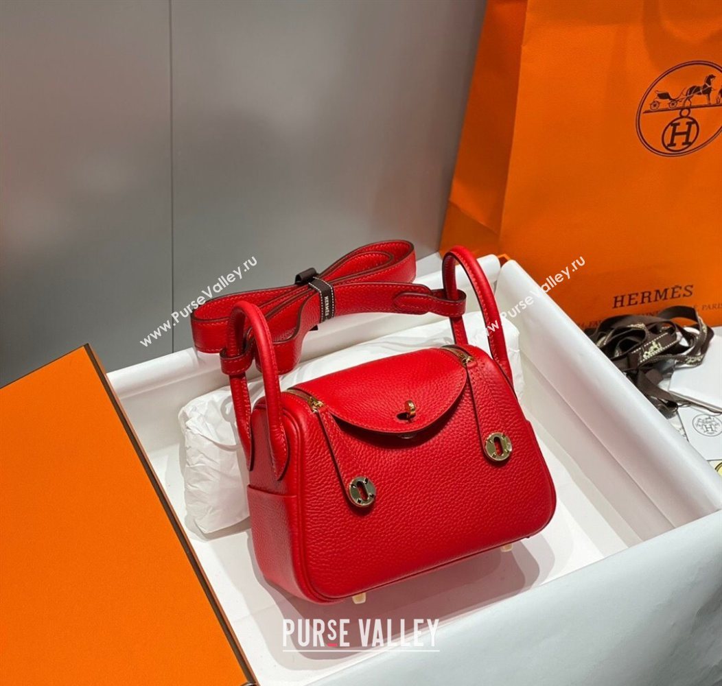 Hermes Lindy Mini Bag 19cm in Litchee-Grainy Togo Calfskin Leather Rouge Red 2025 (FL-251008032)