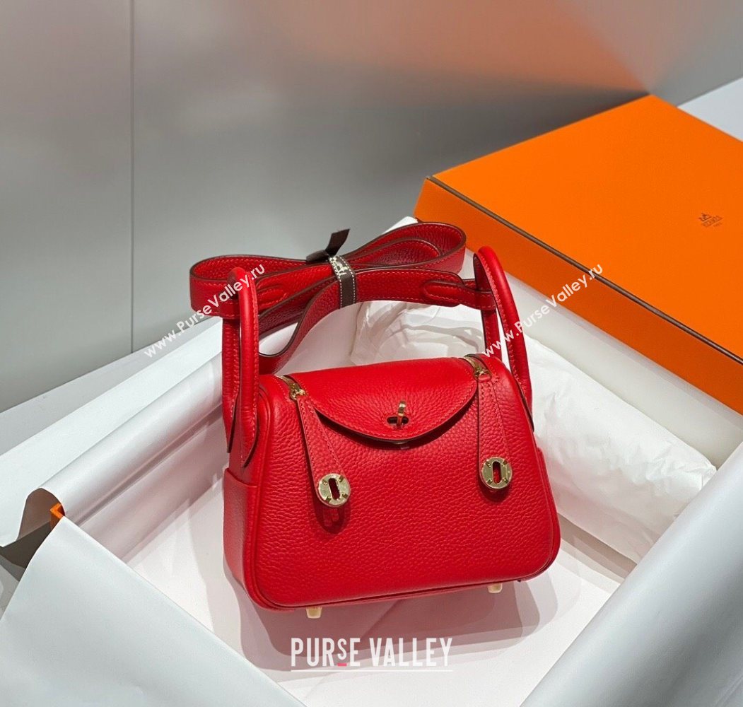 Hermes Lindy Mini Bag 19cm in Litchee-Grainy Togo Calfskin Leather Rouge Red 2025 (FL-251008032)