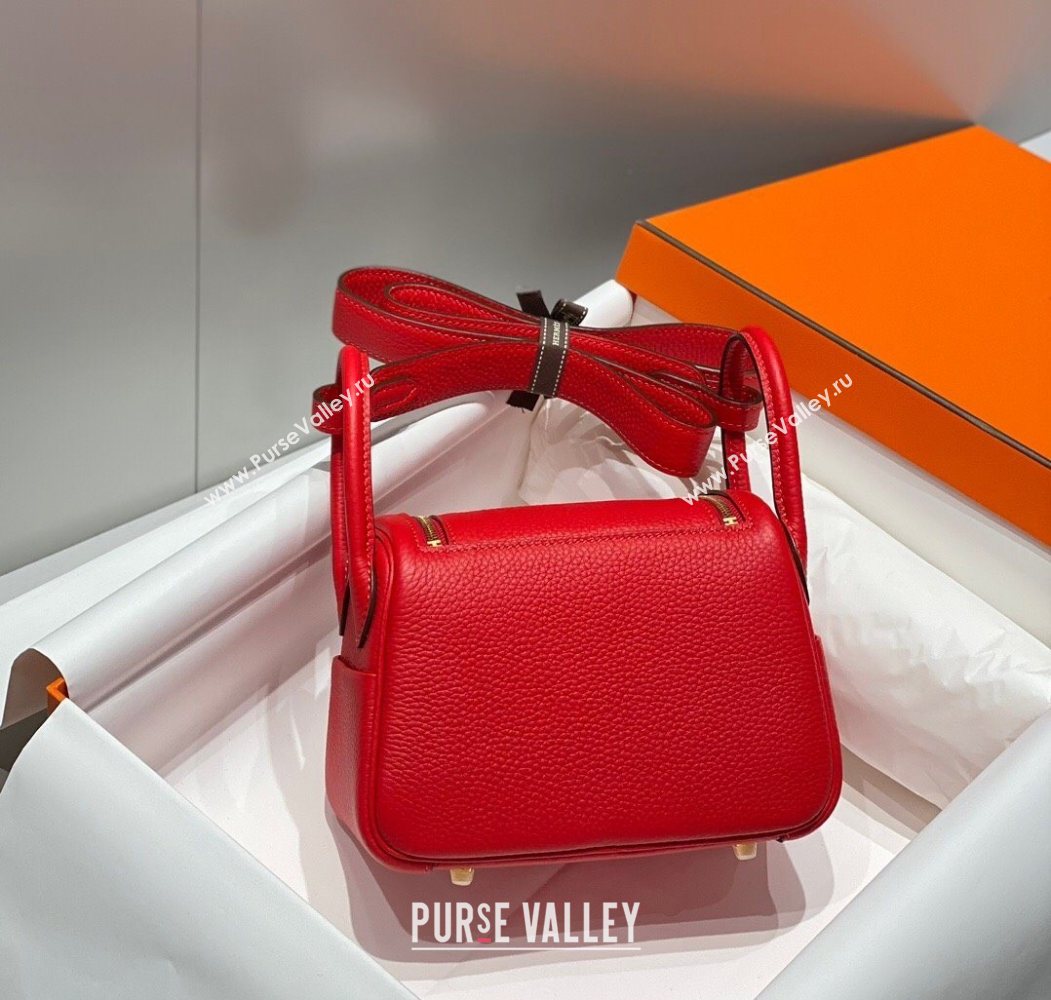 Hermes Lindy Mini Bag 19cm in Litchee-Grainy Togo Calfskin Leather Rouge Red 2025 (FL-251008032)