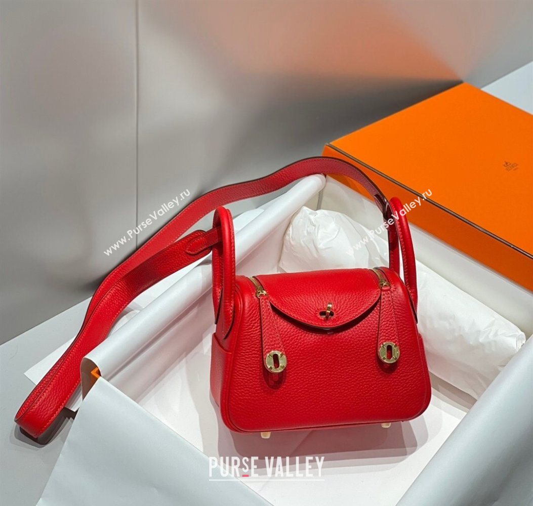 Hermes Lindy Mini Bag 19cm in Litchee-Grainy Togo Calfskin Leather Rouge Red 2025 (FL-251008032)